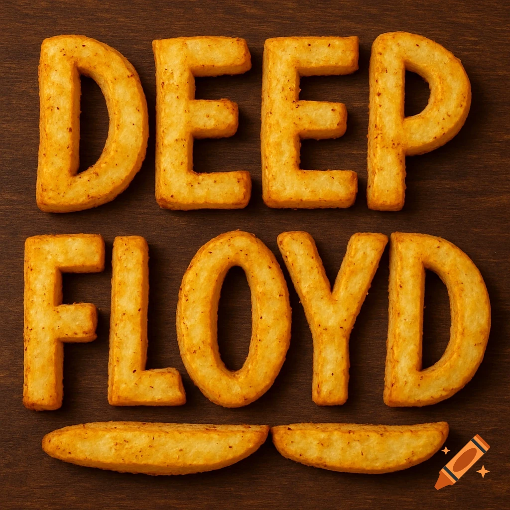 The words 'DEEP FLOYD' spelled out using golden brown steak fries on a dark wooden background.