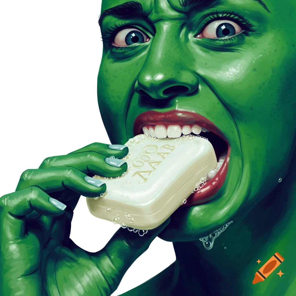 Close-up of a green-skinned person with a disgusted expression biting into a bar of soap, depicted in a vibrant illustration style.