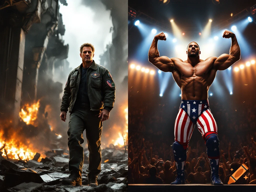 A split cinematic movie poster featuring a man in a flight jacket in a destroyed city on the left and a muscular man in patriotic wrestling gear on a stage on the right.
