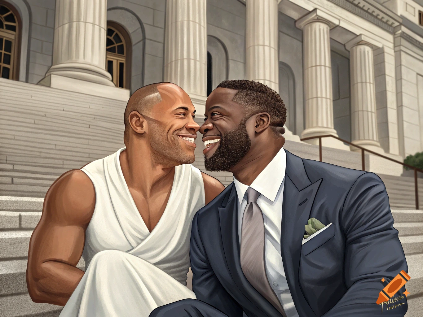 An illustration of Dwayne 'The Rock' Johnson and Dwyane Wade smiling at each other on courthouse steps.