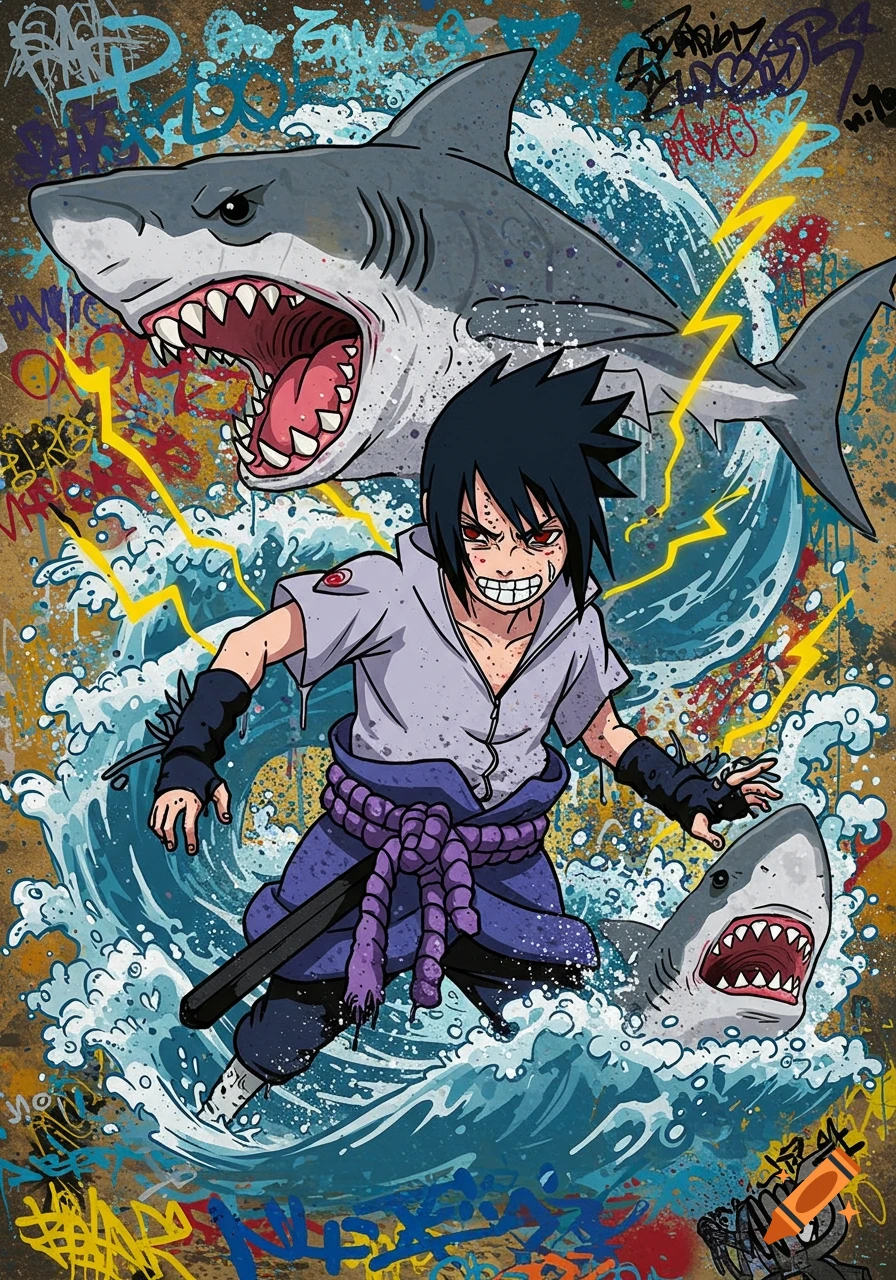 Anime-style illustration of Sasuke Uchiha with sharks, lightning, and water splashes on a colorful graffiti background.