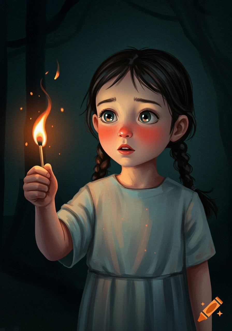 A sad-looking little girl with pigtails holds a lit match, illuminated in a dark, illustrative scene.