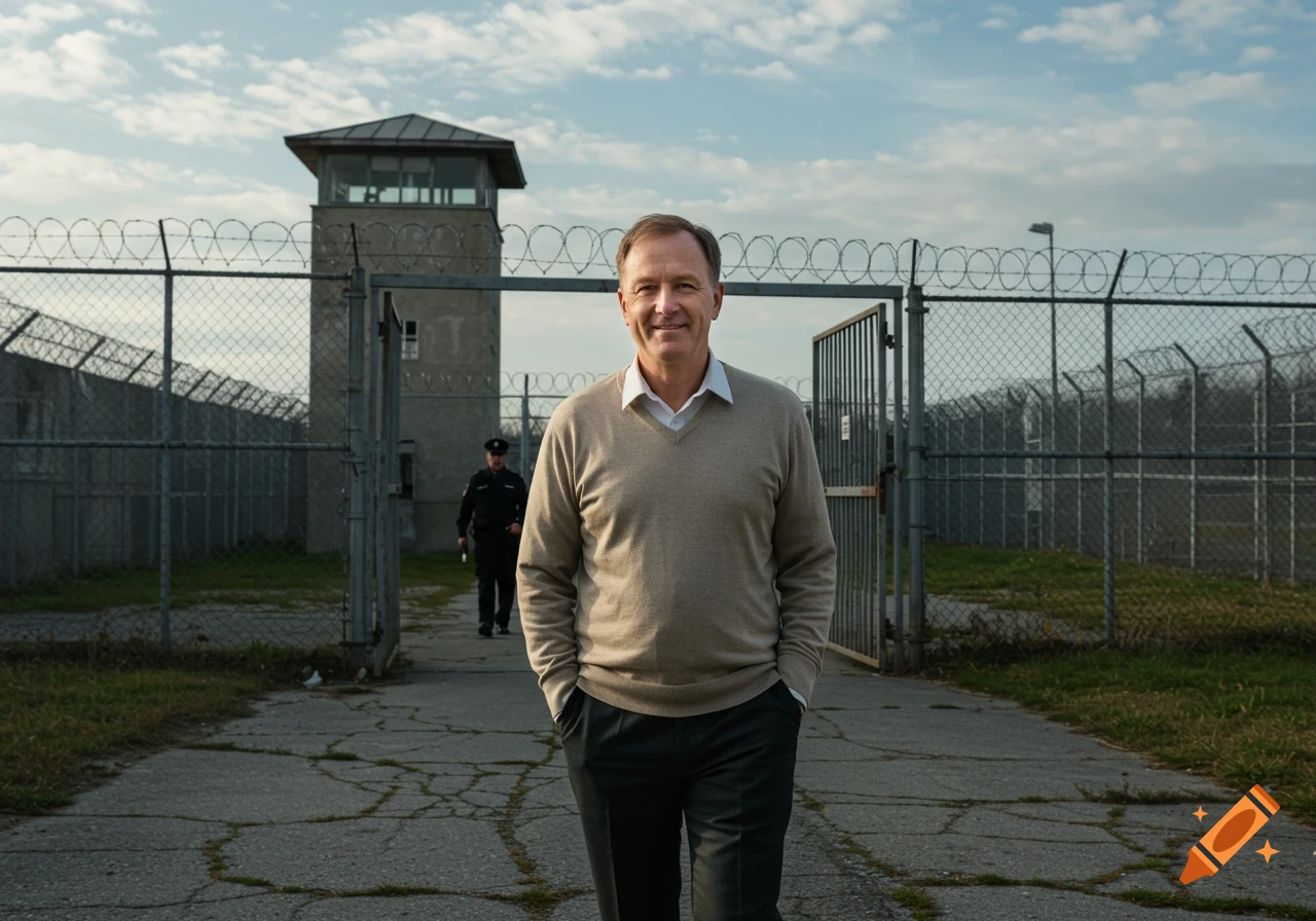 A middle-aged man smiles confidently, hands in pockets, walking out of an open prison gate, with a guard tower and chain-link fence behind him.