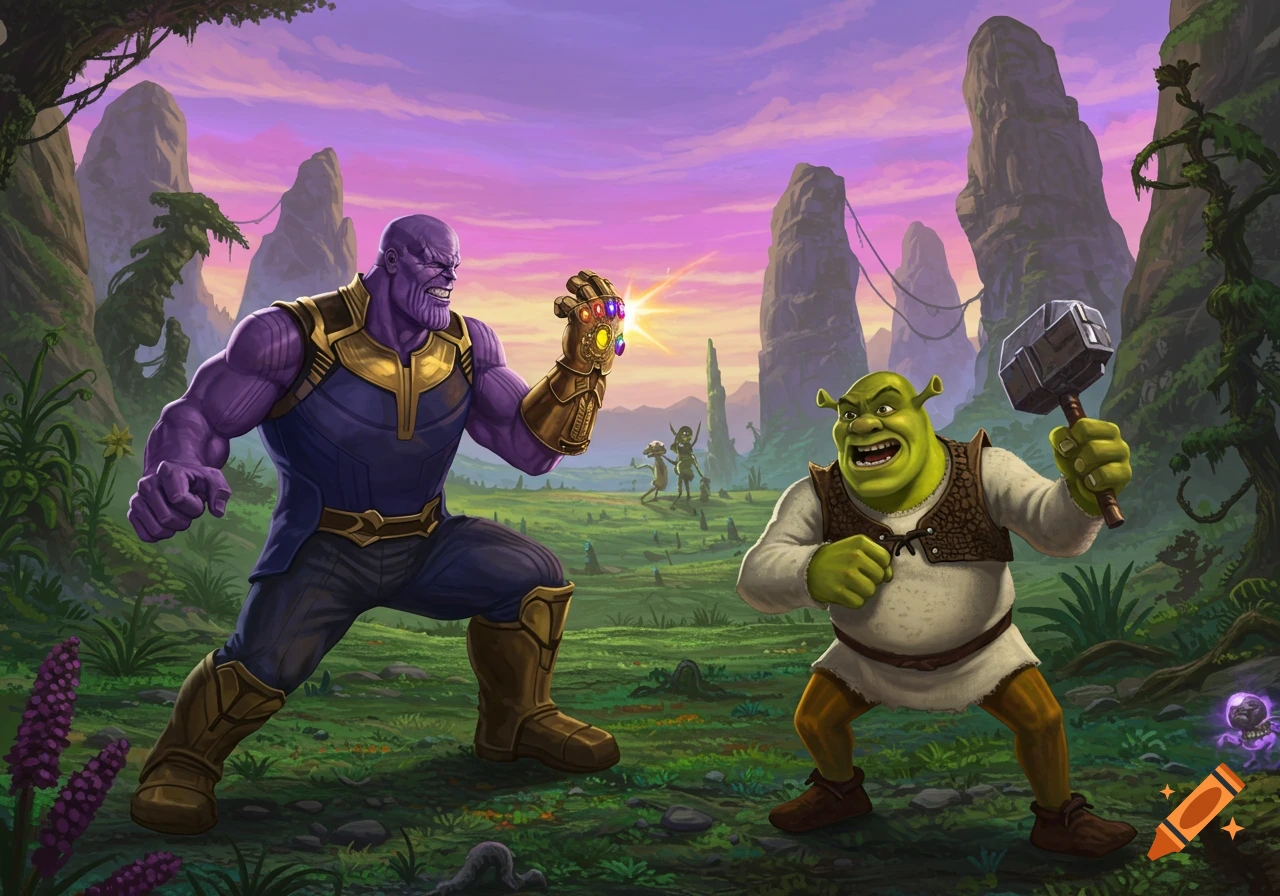 Thanos with Infinity Gauntlet faces Shrek holding Mjolnir in a vibrant fantasy landscape.