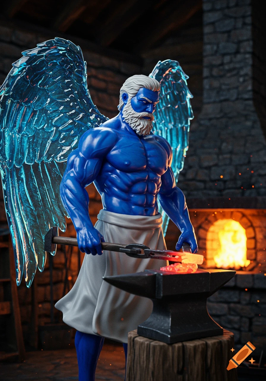 A muscular blue-skinned angel with a white beard and translucent blue wings, clad in white fabric, hammers glowing metal on an anvil in a dimly lit blacksmith's shop.