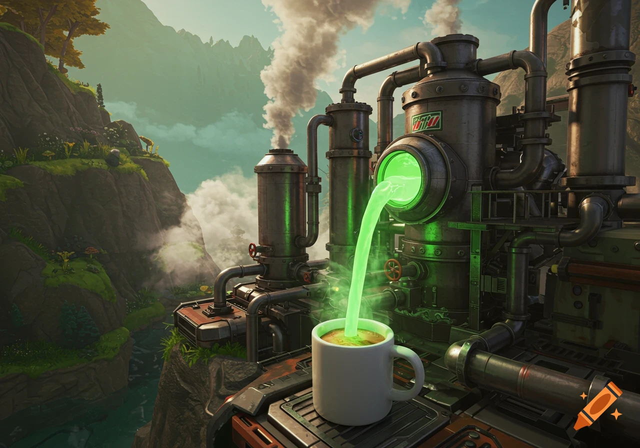 A large, fantastical industrial refinery in a mountainous landscape pours glowing green liquid into a white coffee cup.