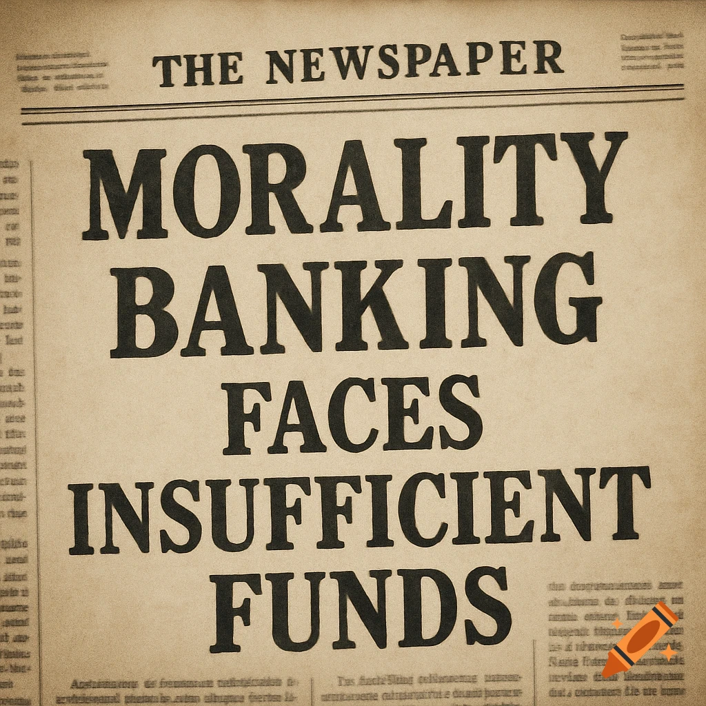 Close-up of a vintage newspaper headline reading 'Morality Banking Faces Insufficient Funds'.