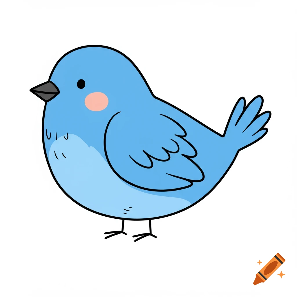A simple drawing of a chubby blue bird with a black beak and feet, featuring a light pink blush on its cheek.