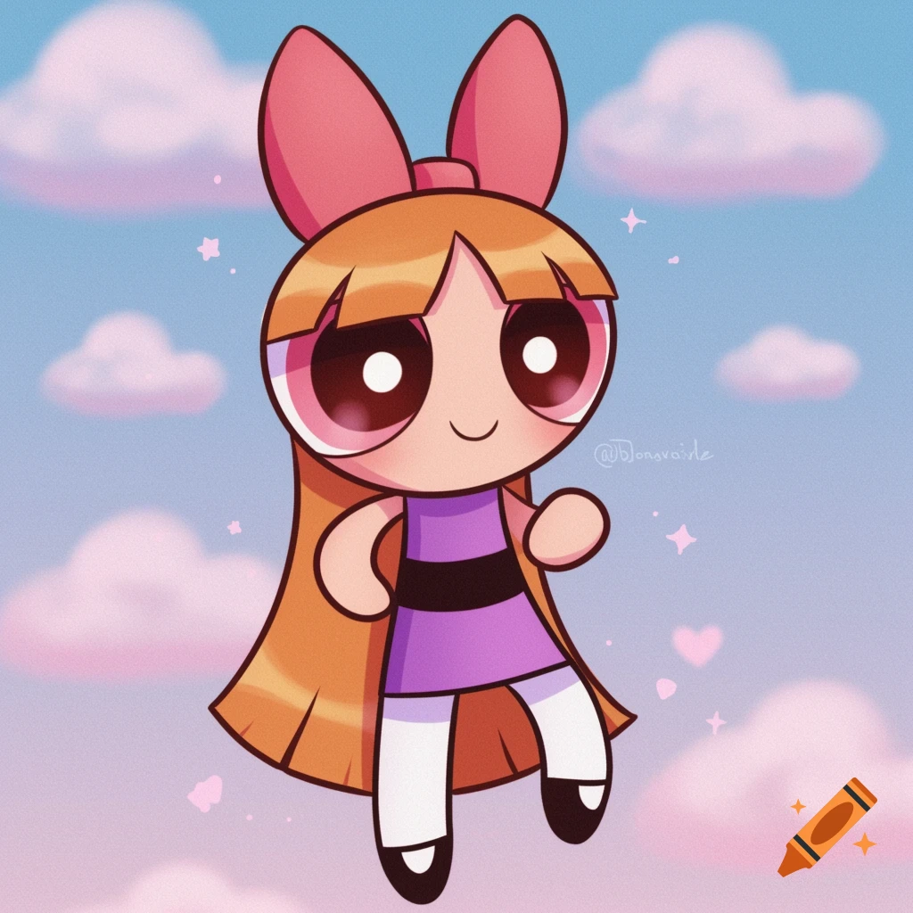 A cartoon character, Blossom from Powerpuff Girls, with orange hair and a pink bow, wears a purple dress and floats in a sky with pink clouds.