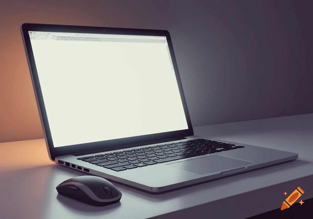 A photorealistic image of an open laptop with a blank screen and a computer mouse on a desk.