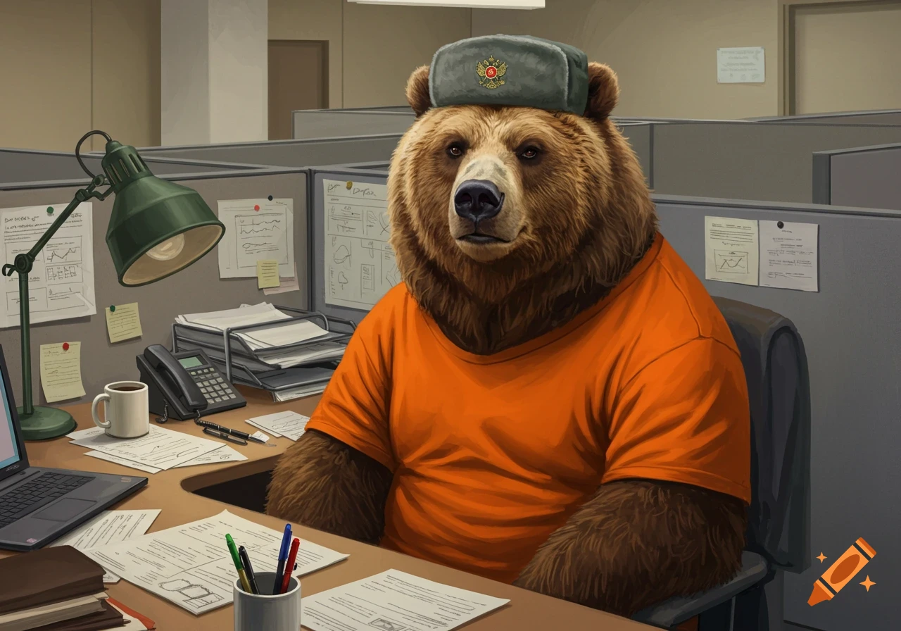 A brown bear wearing an orange shirt and a Russian hat sits at a desk in an office cubicle, surrounded by papers and office supplies.