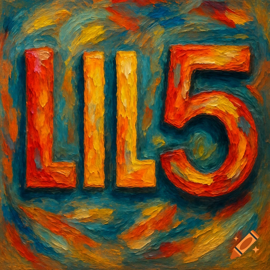 Text 'LIL 5' in orange and yellow, rendered in a thick impasto painting style against a teal and blue background.