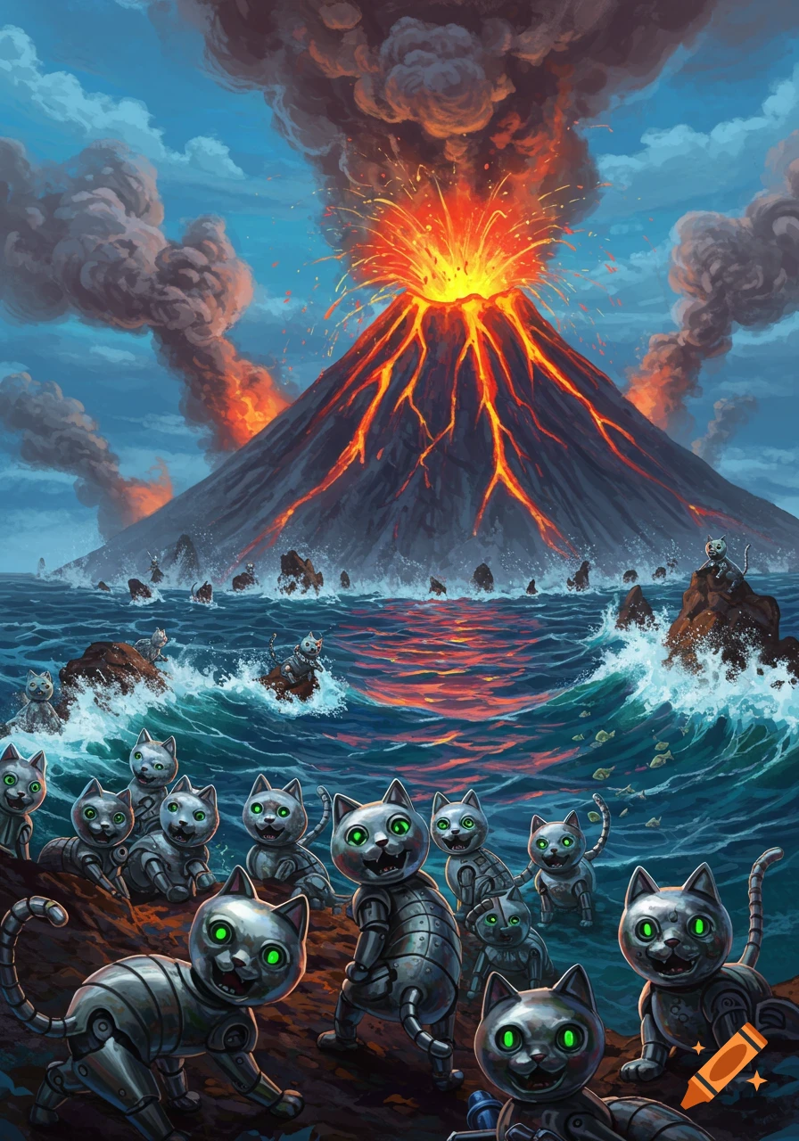 Metallic robot cats with glowing green eyes stand on rocks and in the ocean with an erupting volcano behind them.