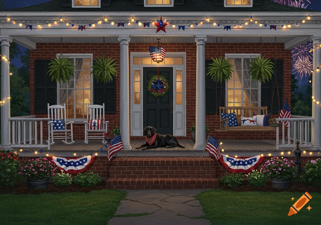 A festive Fourth of July night scene on a red brick house porch decorated with lights, flags, bunting, and a black Labrador. Fireworks in sky.