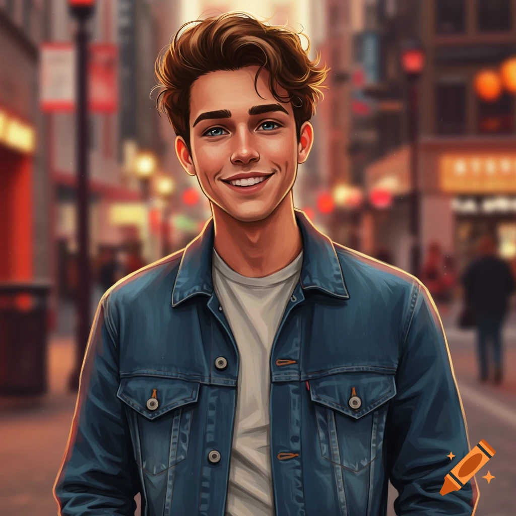 A smiling young man with brown hair and blue eyes in a denim jacket stands on a city street in an animated illustration style.