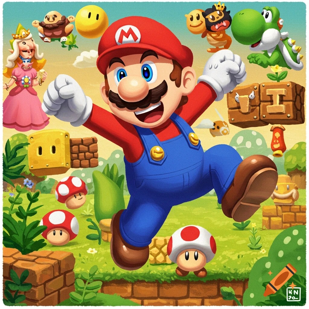 A vibrant cartoon illustration of Mario jumping in a green landscape with various Mario characters and items, including Princess Peach, Yoshi, Goombas, and question mark blocks.