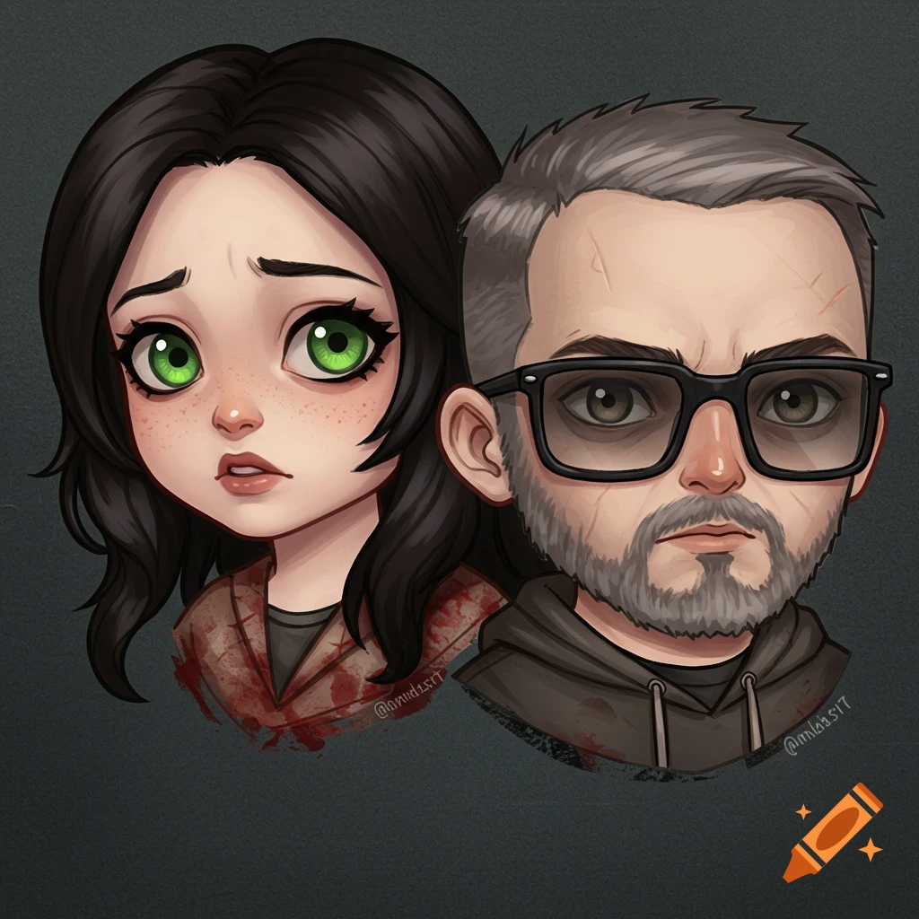Two stylized chibi characters, a scared girl with green eyes and a man with glasses and a beard, against a dark background.