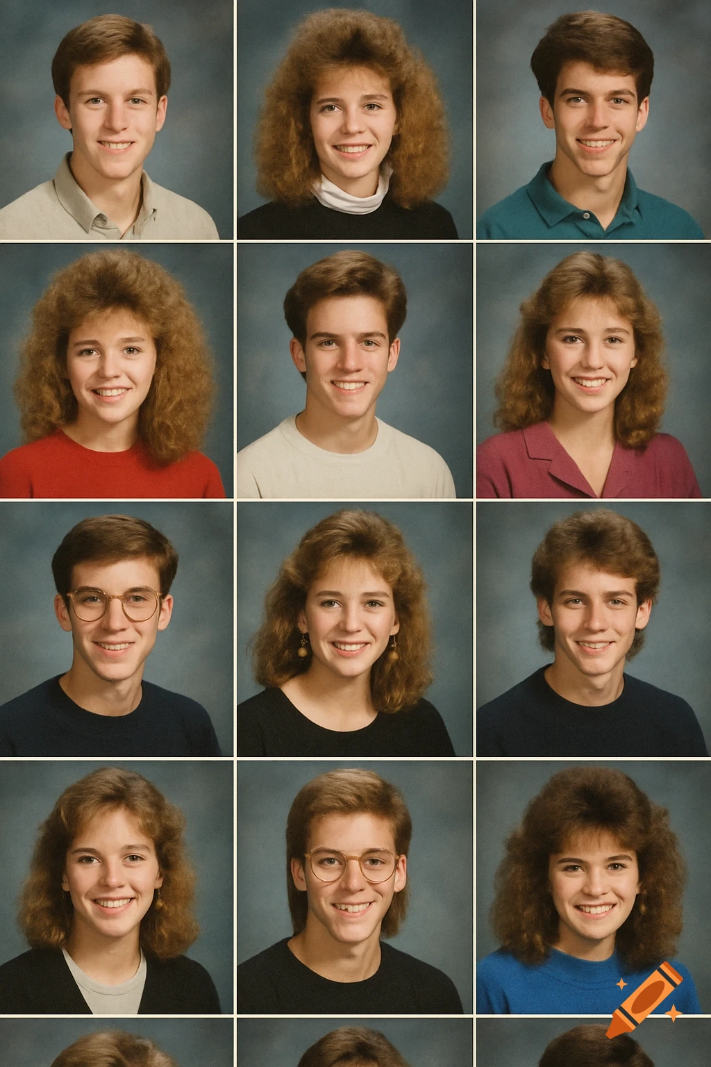 Grid of smiling young men and women in various school yearbook portraits from the 1990s.