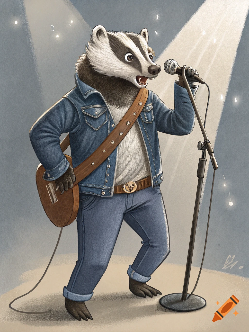 An illustrated anthropomorphic badger in a denim jacket and jeans, holding a microphone and a guitar, singing under a spotlight.