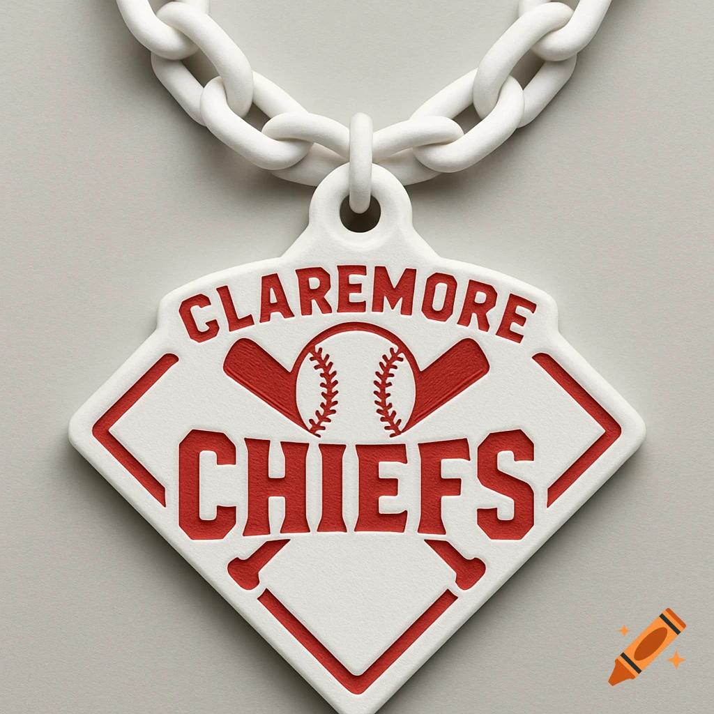 A white 3D rendered necklace with a white and red baseball diamond pendant featuring the text 'CLAREMORE CHIEFS', a baseball, and crossed bats.