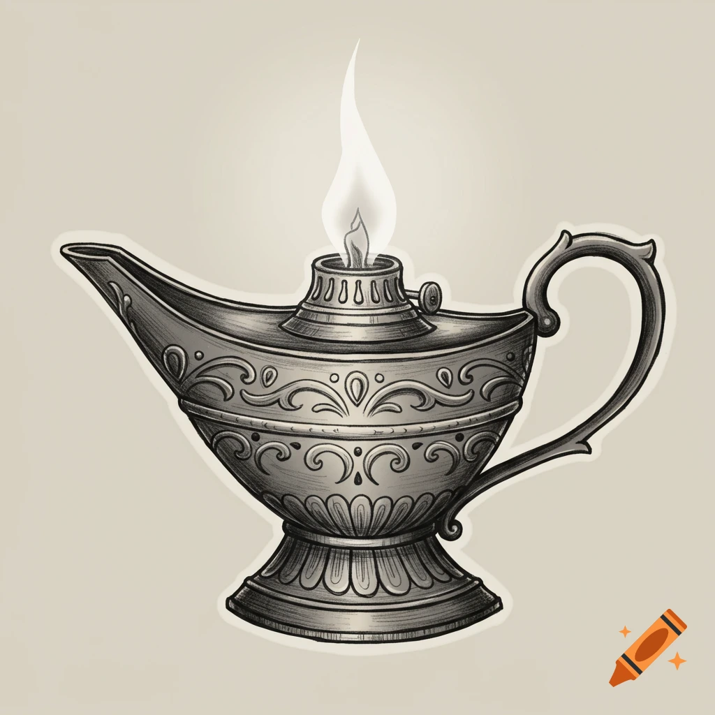 Black and white tattoo style illustration of an ancient oil lamp with a lit flame and soft glow.