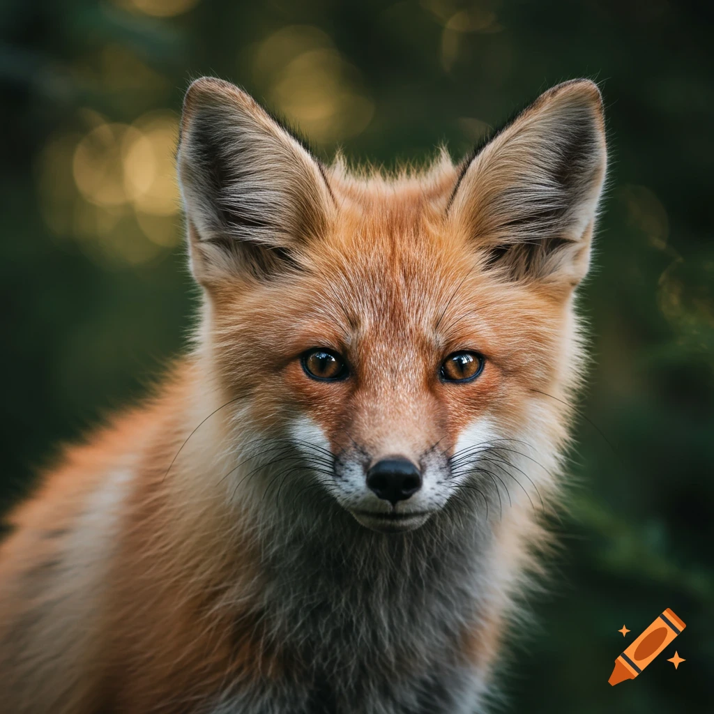 A close-up photorealistic portrait of a red fox looking directly at the camera with bright eyes against a blurred green background.