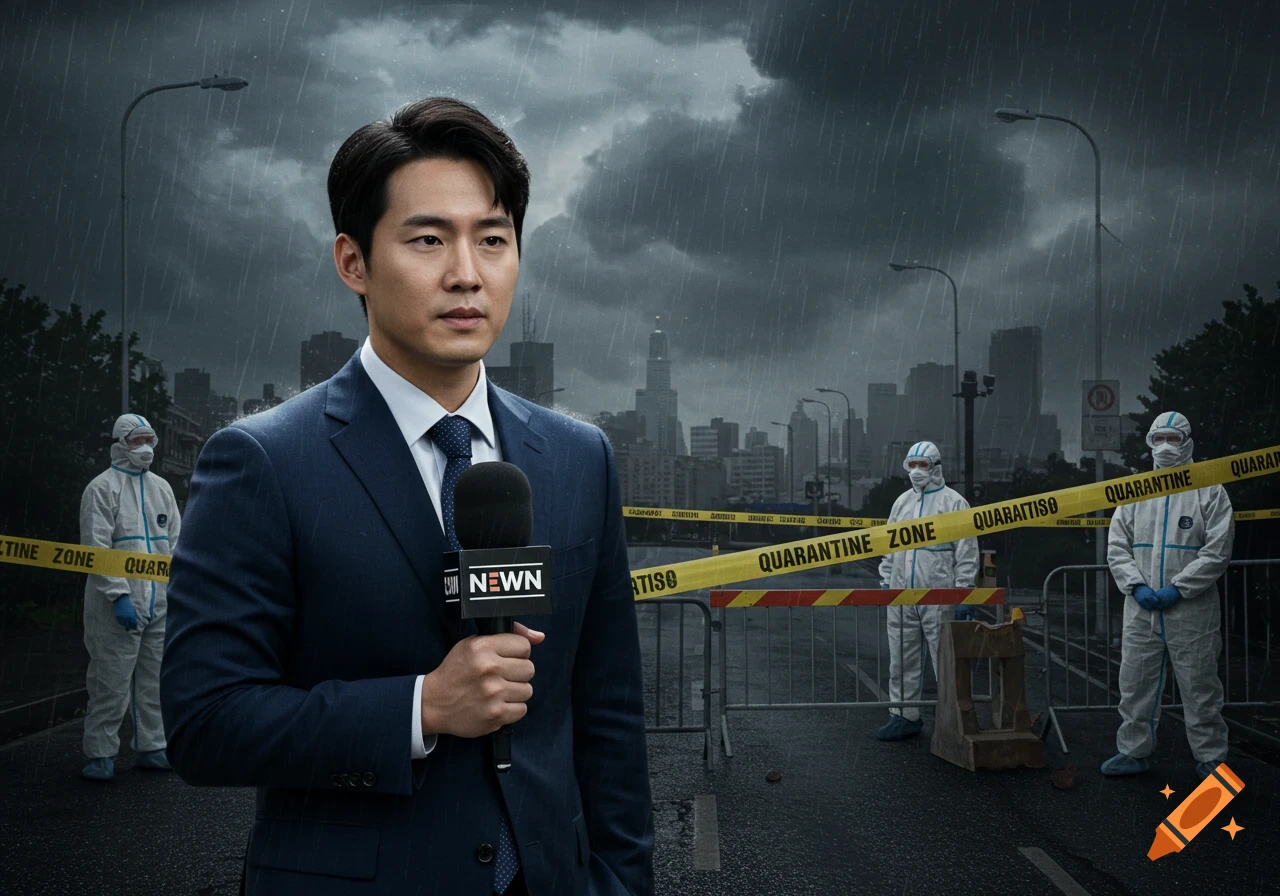 Photorealistic image of a news reporter with a microphone in a rainy quarantine zone, people in hazmat suits in the background.