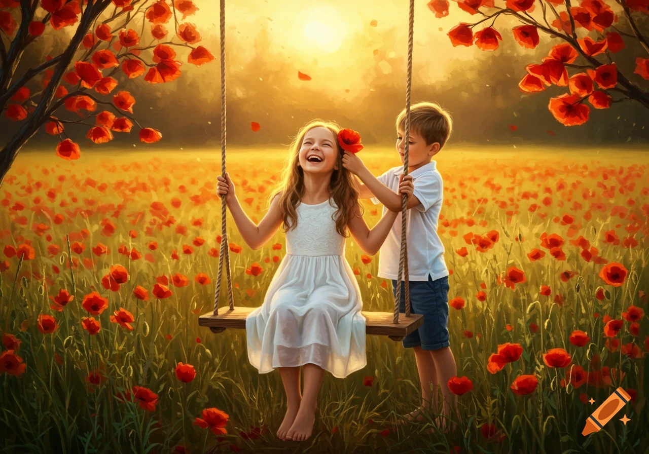 A heartwarming painting of a boy putting a red poppy in a laughing girl's hair as she sits on a swing in a vibrant poppy field at sunset.