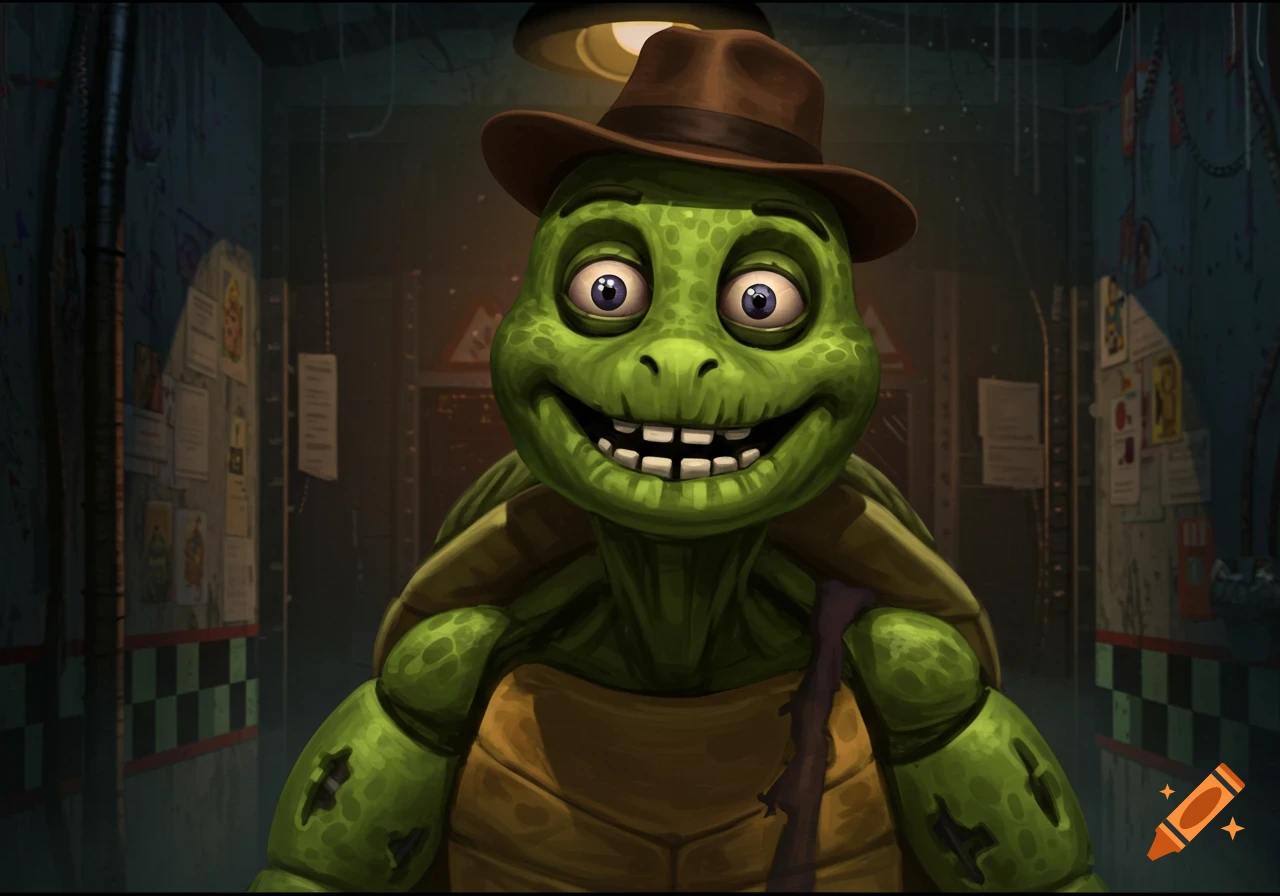 A green animatronic turtle wearing a fedora smiles eerily in a dimly lit, cluttered room, in the style of FNAF.