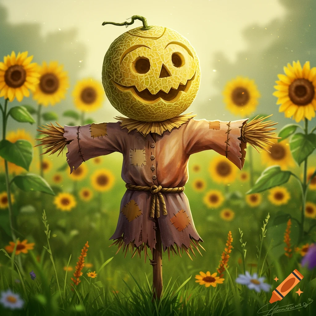 A whimsical scarecrow with a carved honeydew melon head stands in a vibrant sunflower field under a bright sky.