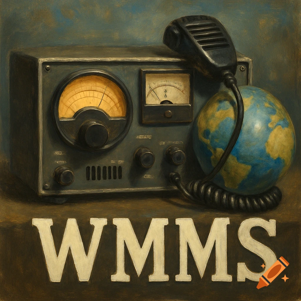 A vintage ham radio, microphone, and a globe with 'WMMS' text below, in a painterly style.
