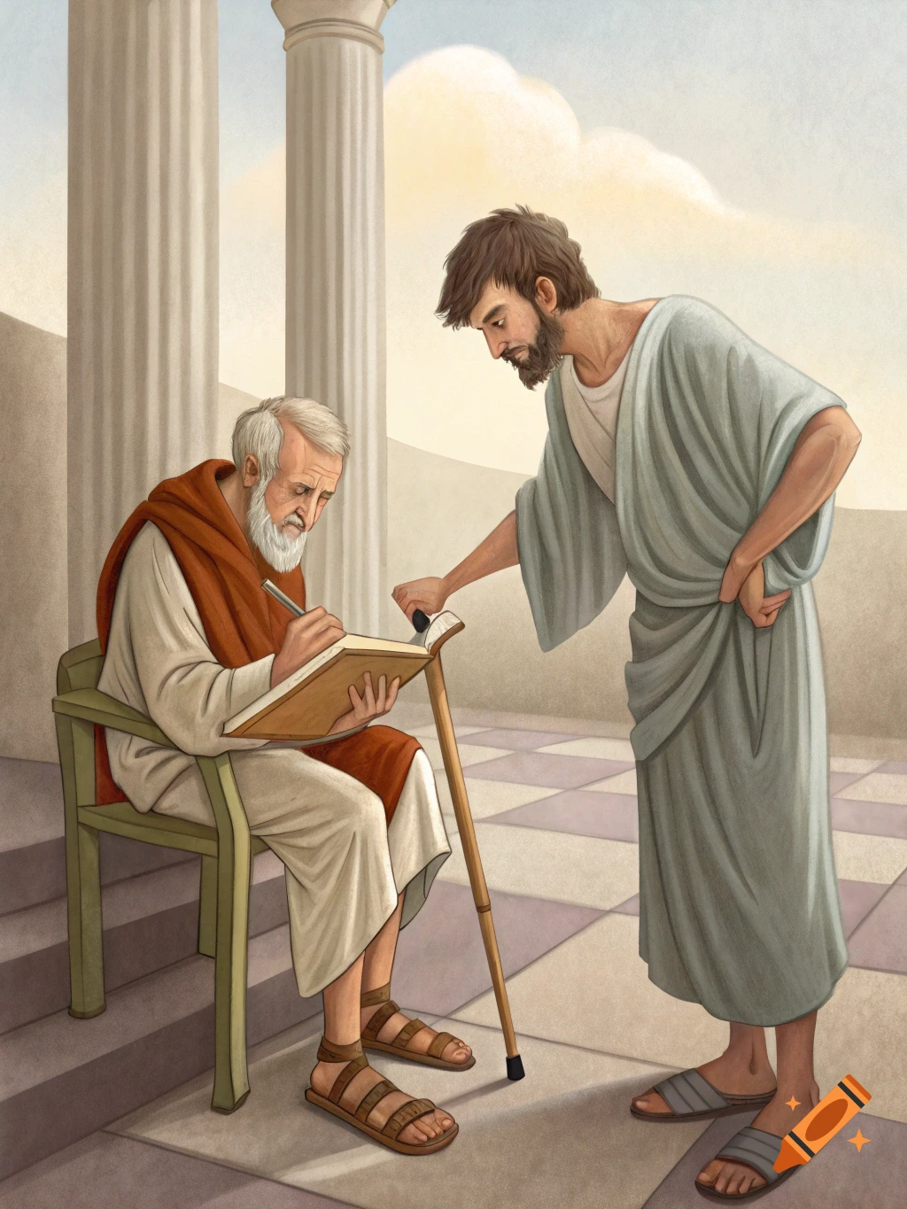 An illustration of an older bearded man in ancient Greek robes writing in a book while seated with a crutch, as a younger man observes.