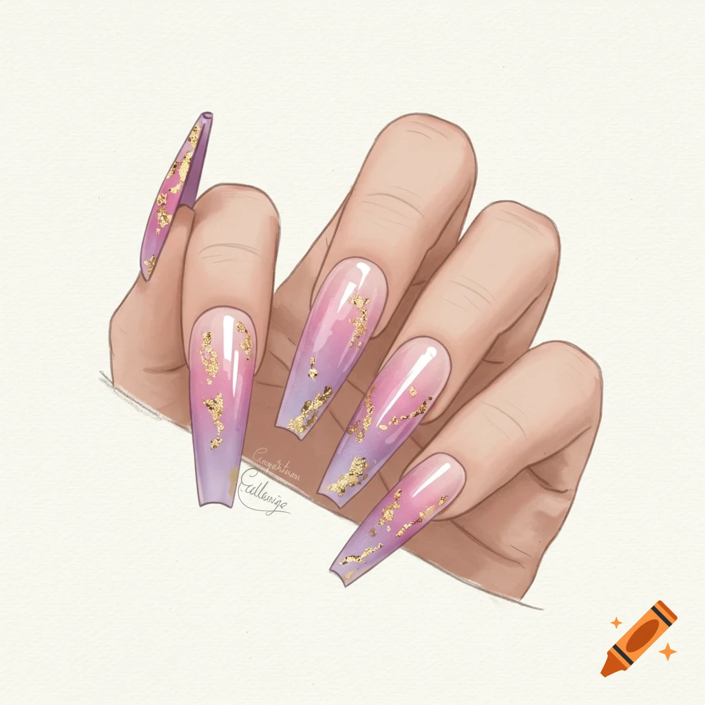Illustration of a hand with long coffin-shaped nails featuring pink and purple ombre with gold foil accents.