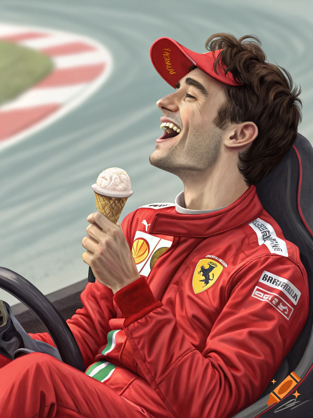An illustration of Charles Leclerc in a red Ferrari racing suit, laughing and eating an ice cream on a racetrack.