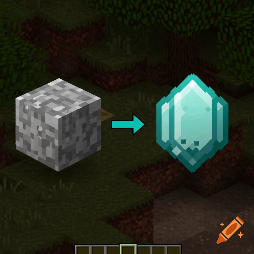 A Minecraft-style image showing a grey stone block on the left and a blue diamond on the right, with a teal arrow in between, all set against a blocky landscape.