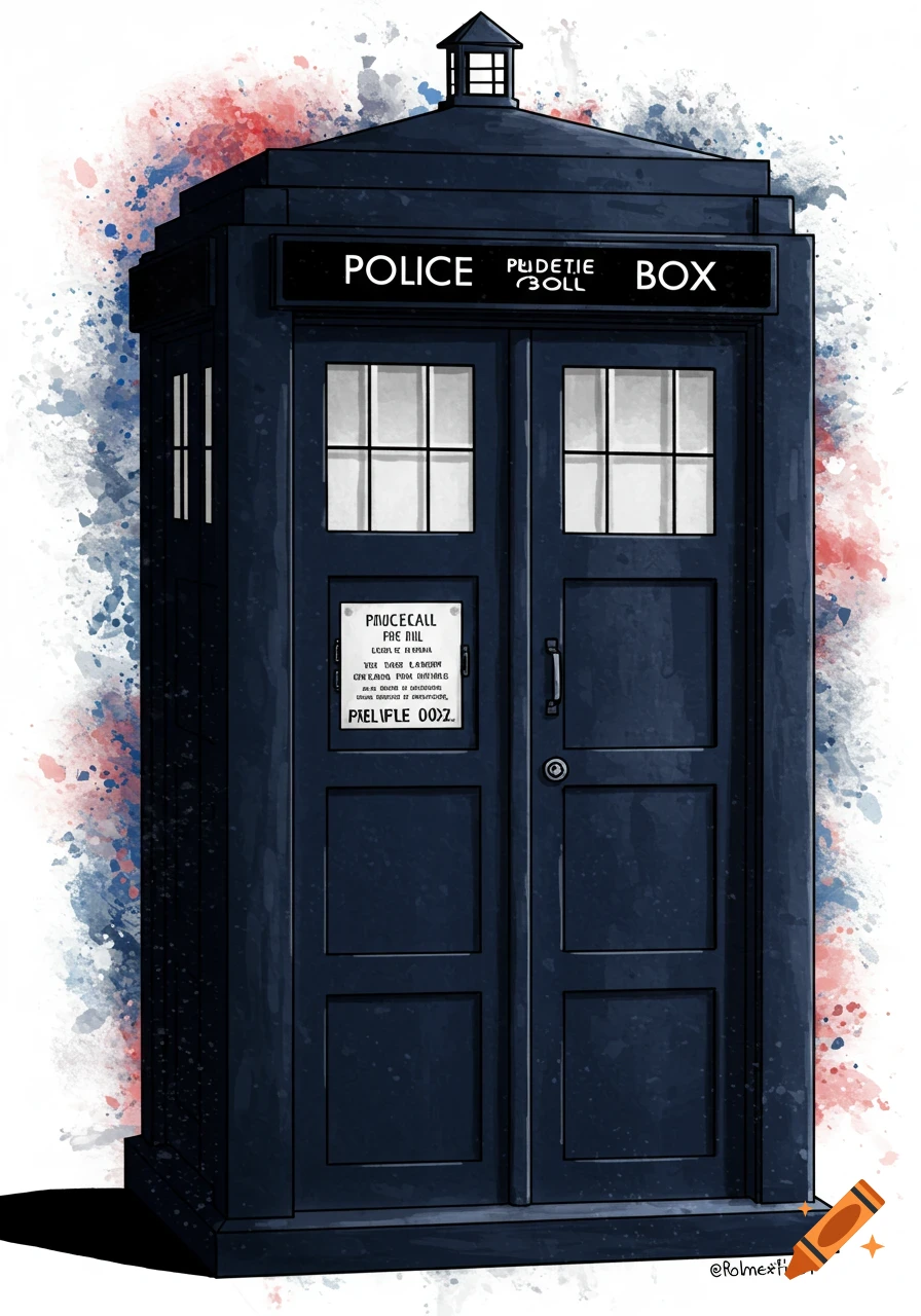 A stylized watercolor illustration of a blue TARDIS police box, splattered with red and blue paint on a white background.