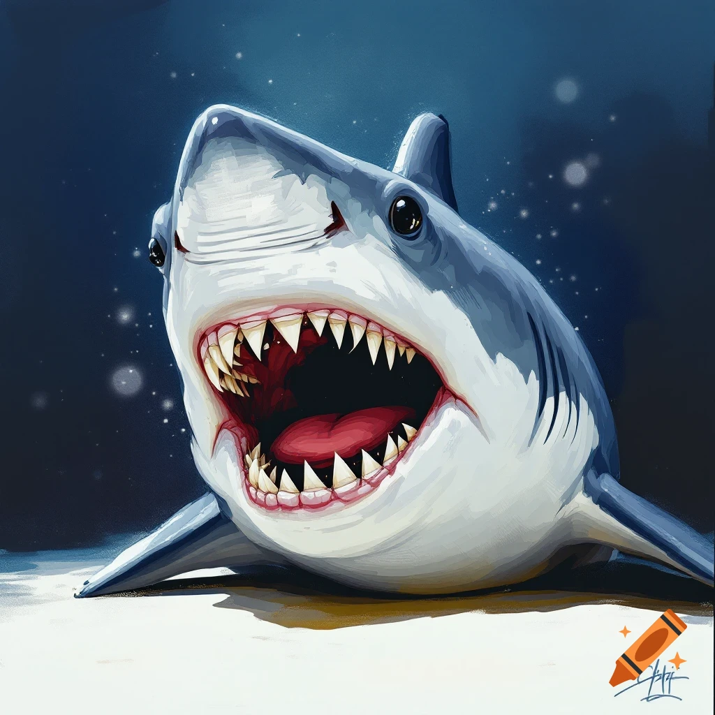 A close-up, stylized illustration of a white shark with its mouth wide open, showing many sharp teeth and a red tongue. The background is a dark blue.