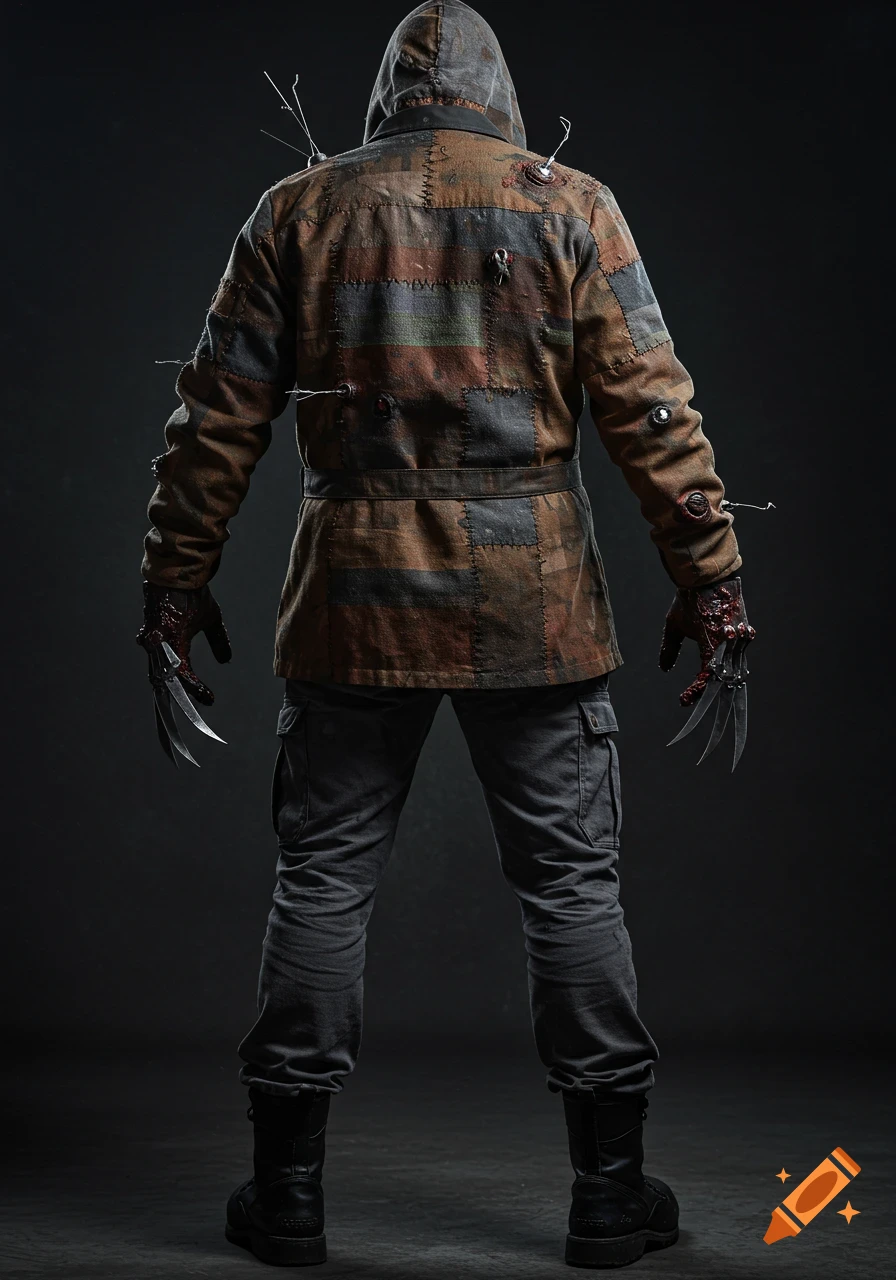 A mysterious killer viewed from behind, wearing a hooded, patchwork jacket with metal claws on blood-stained gloves, against a dark background in a photorealistic style.
