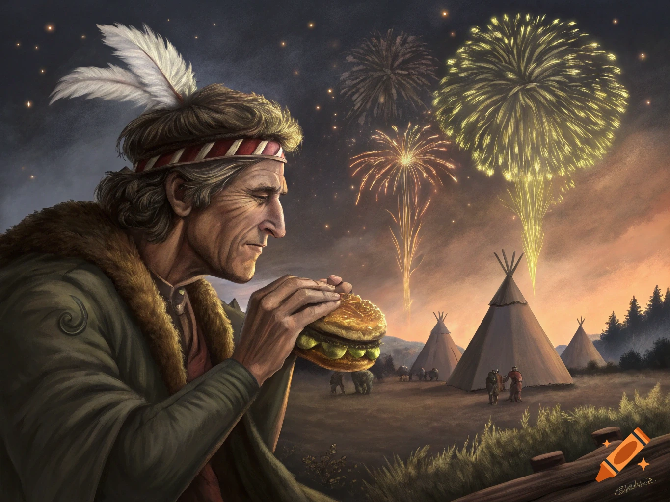 A stylized painting of an older man with a feather headband and fur-lined coat holding a cheeseburger, with tipis and fireworks in the background under a starry sky.