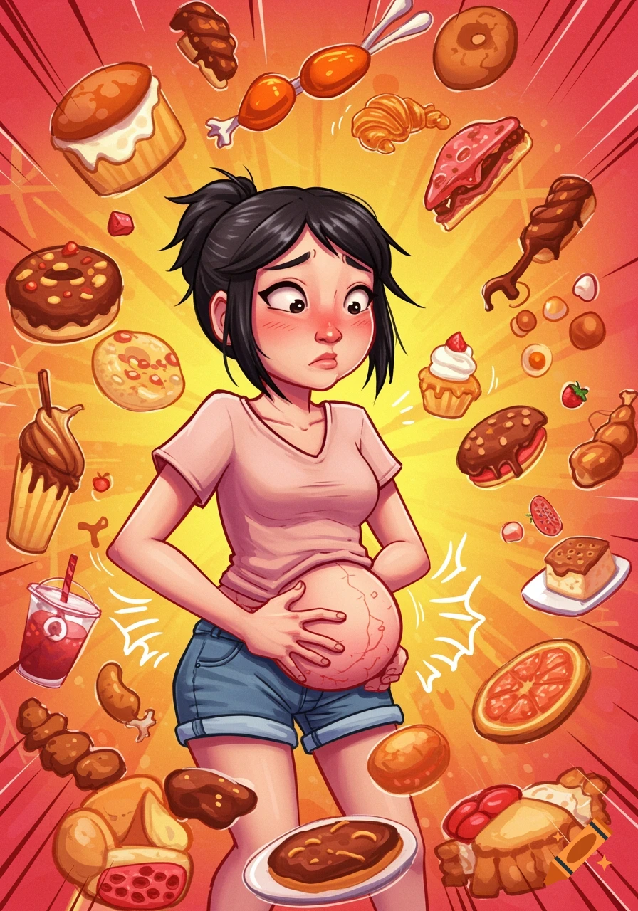 A distressed cartoon woman clutches her stomach, surrounded by floating junk food and desserts, on a red and yellow background.