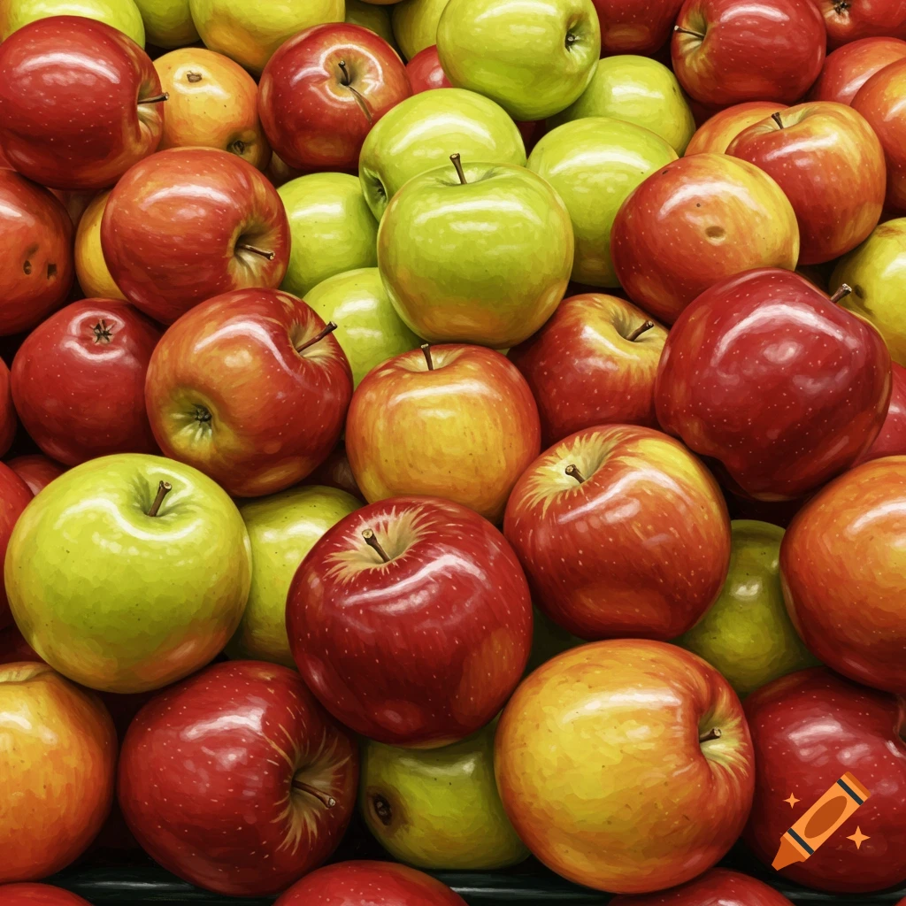 A close-up, photorealistic image of a large pile of red and green apples.