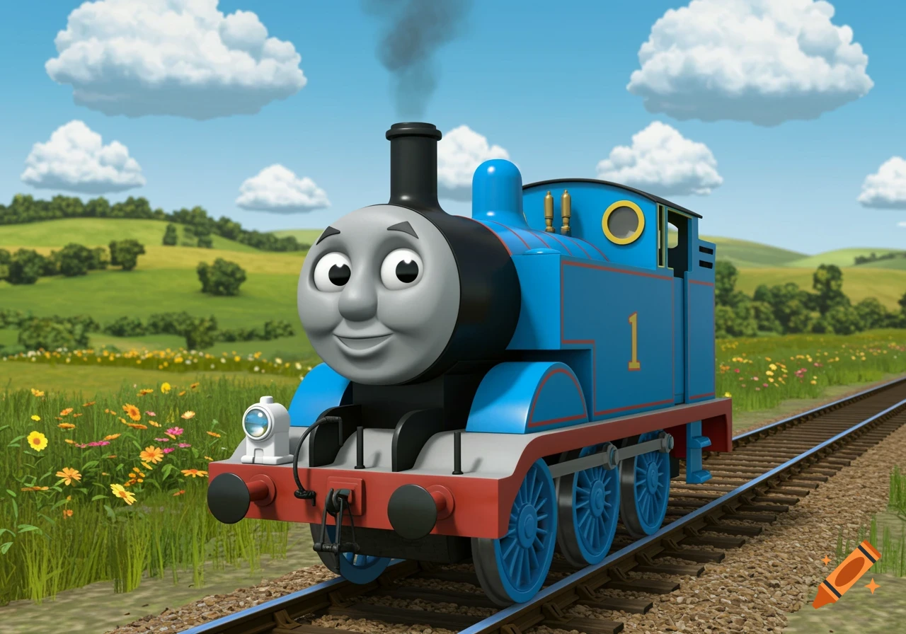 Thomas the Tank Engine, a blue train with a friendly face, smiles while on a railway track in a vibrant green countryside under a blue sky with fluffy clouds.