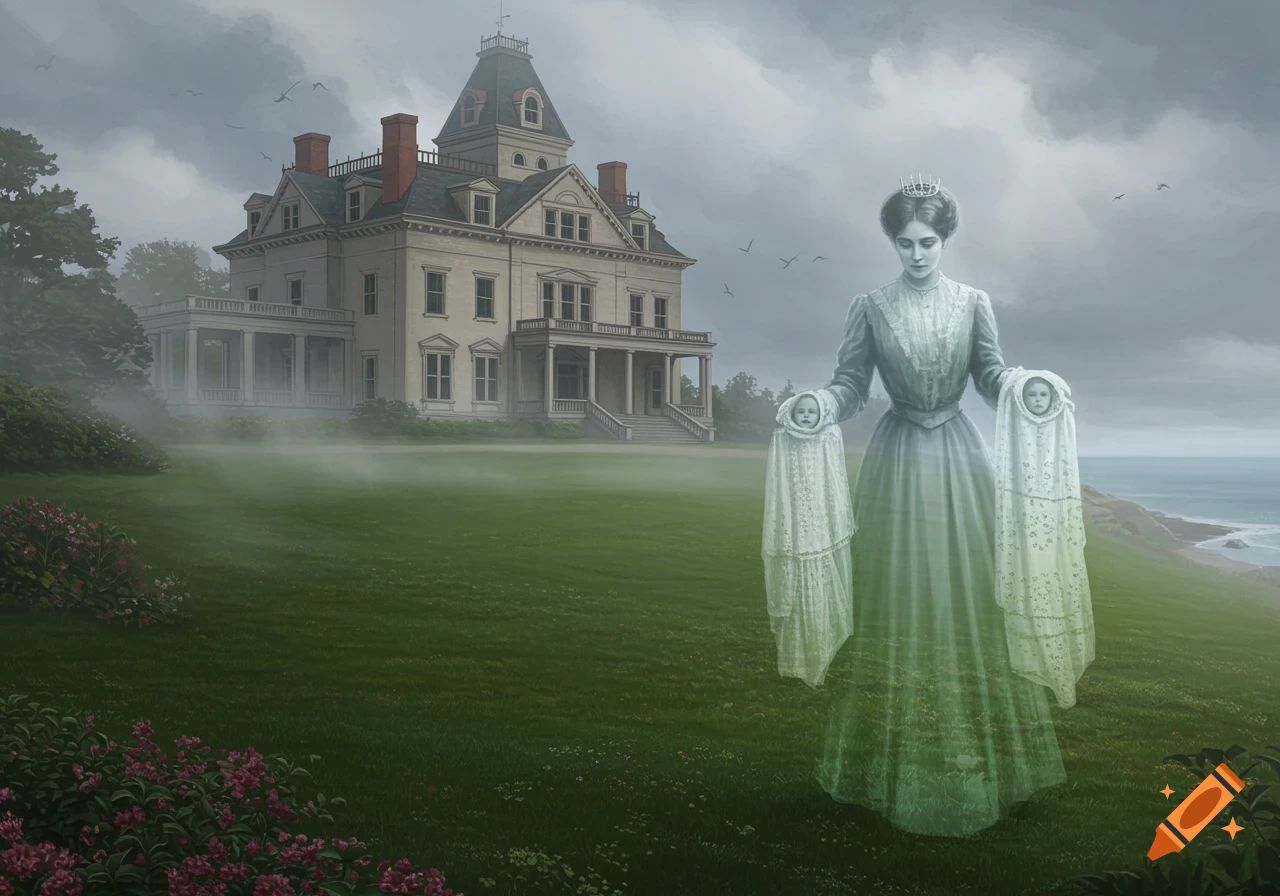 A ghostly woman with a crown, holding two swaddled babies, floats in front of a large Gilded Age mansion on a misty, overcast day with an ocean cliffside in the distance.