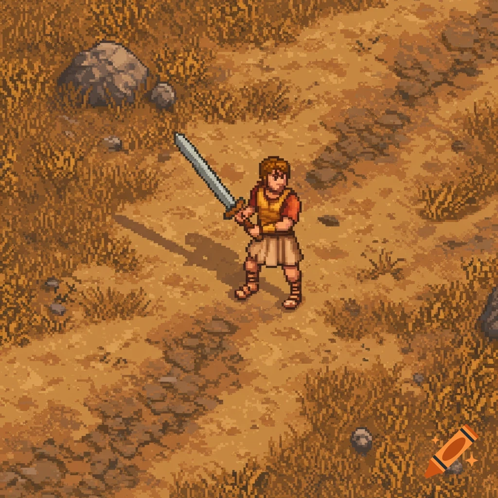 A top-down pixel art view of a biblical Israelite soldier swordsman standing with a sword in a dry, rocky landscape.