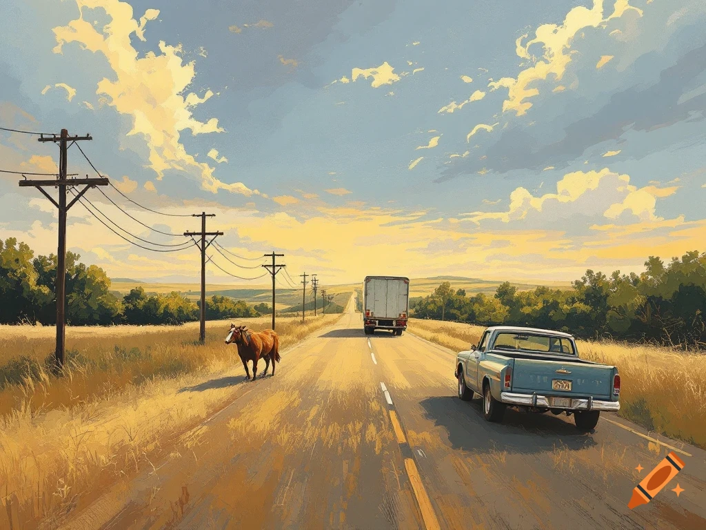 Painterly landscape of a rural highway at sunset with telephone poles, a cow, a semi-truck, and a blue pickup truck.