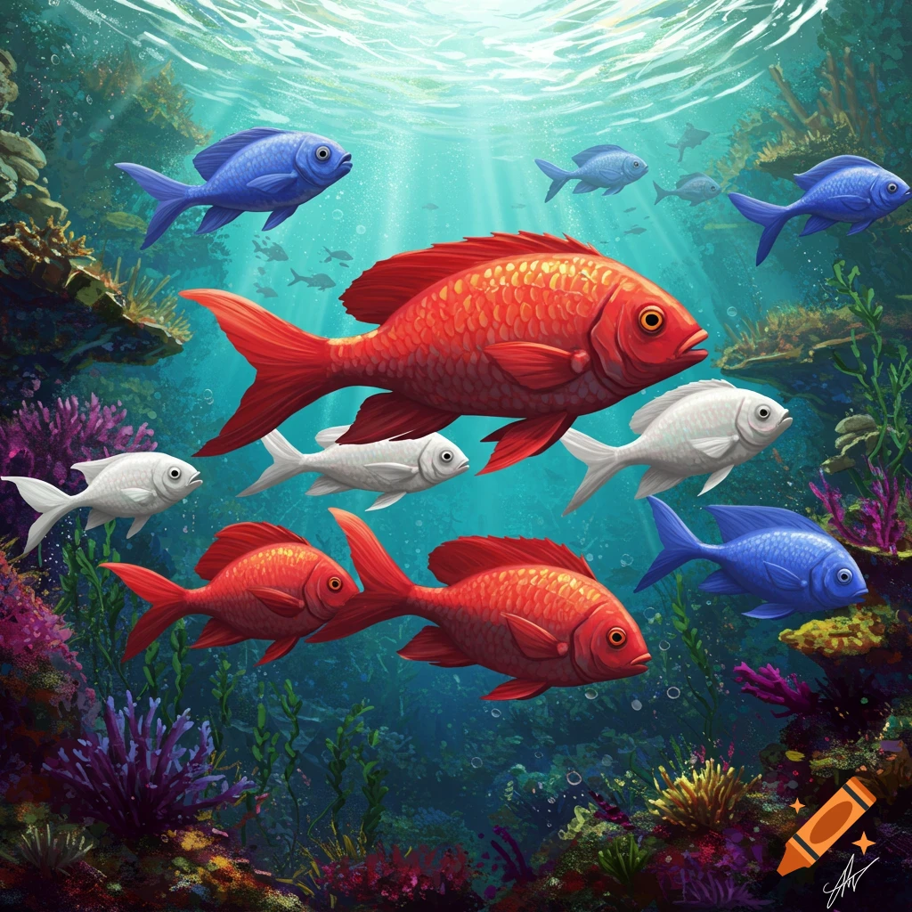 Colorful illustration of red, white, and blue fish swimming amongst coral and seaweed in a bright underwater scene.