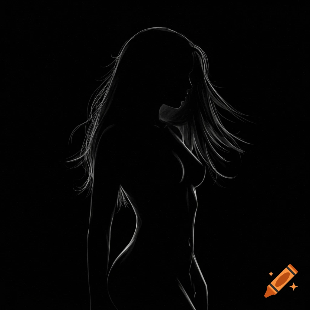 Silhouette of a woman with long flowing hair against a black background, minimalist art style.