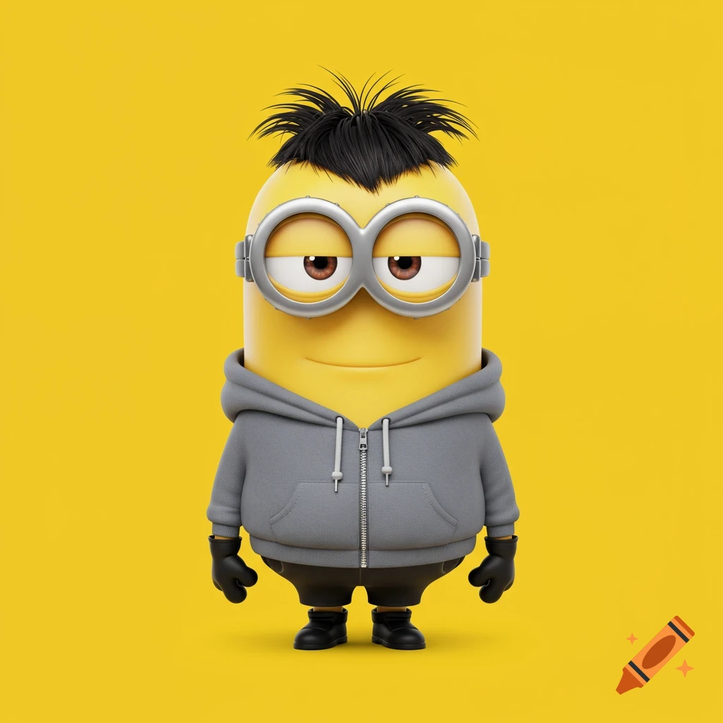 A Minion character wearing a grey hoodie, black shorts, and black spiky hair, with silver goggles and a relaxed expression on a yellow background.