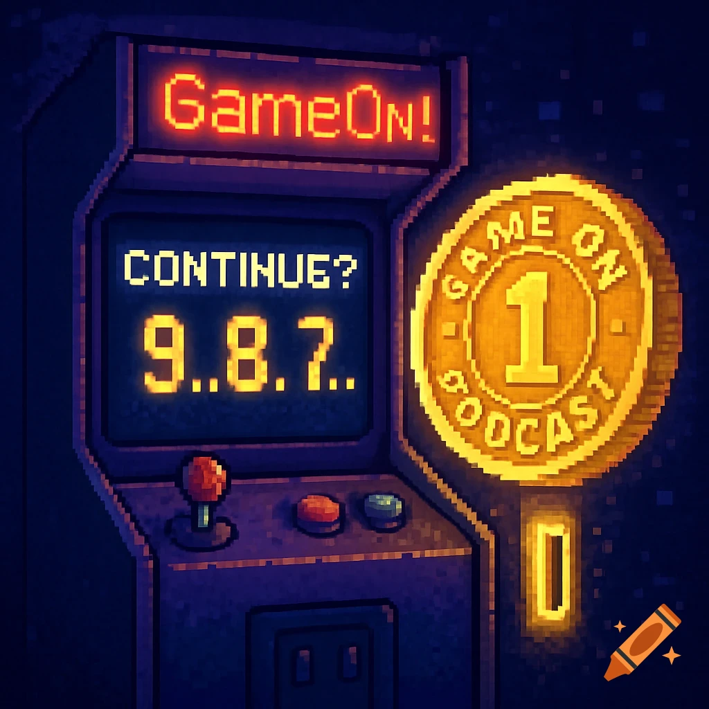 Pixel art illustration of an arcade machine with 'GameOn!' and 'CONTINUE? 9..8..7..' on the screen, next to a glowing gold coin that reads 'GAME ON PODCAST' and '1'.