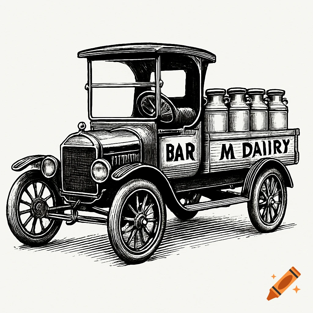 Black and white drawing of a vintage Model T milk truck with milk cans.
